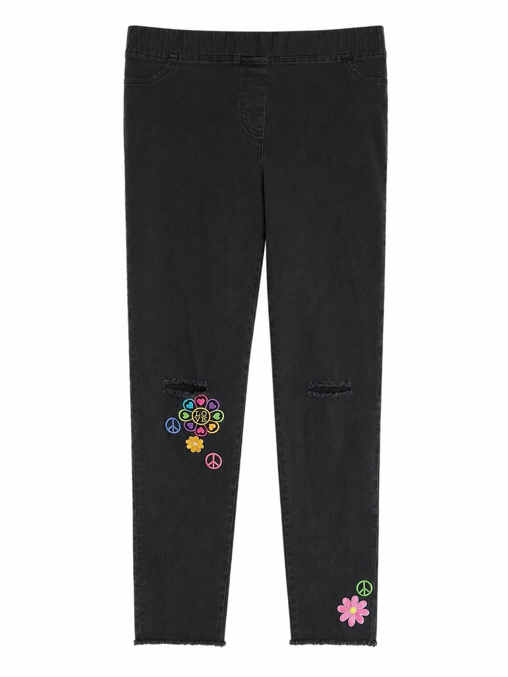 Umgee Black Jeggings with Multicolor Floral & Peace Embroidery